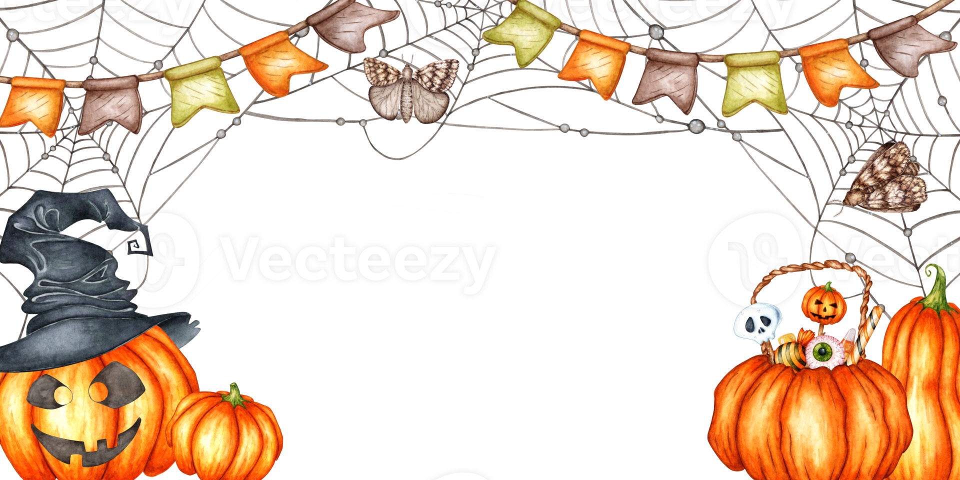 Black spider web with beads, garland and pumpkins for Halloween party decoration watercolor illustration. Day of the Dead isolated from background. Design concept for poster, card, clothing, wallpaper png