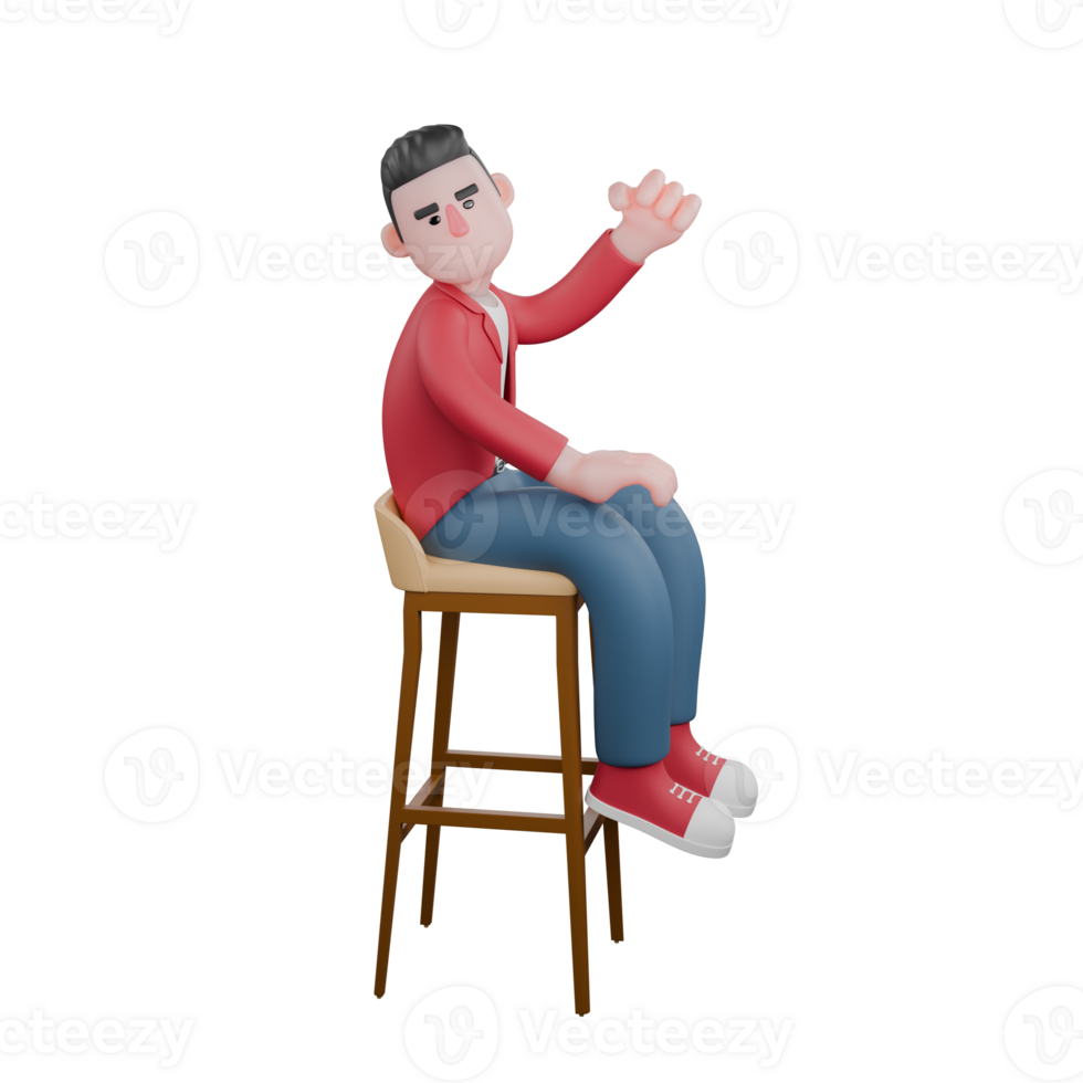 3D Vocal Artist Character. A male singer is sitting on a bar chair facing left with his head turned to the right and his left hand raised and clenched. Music Performer png