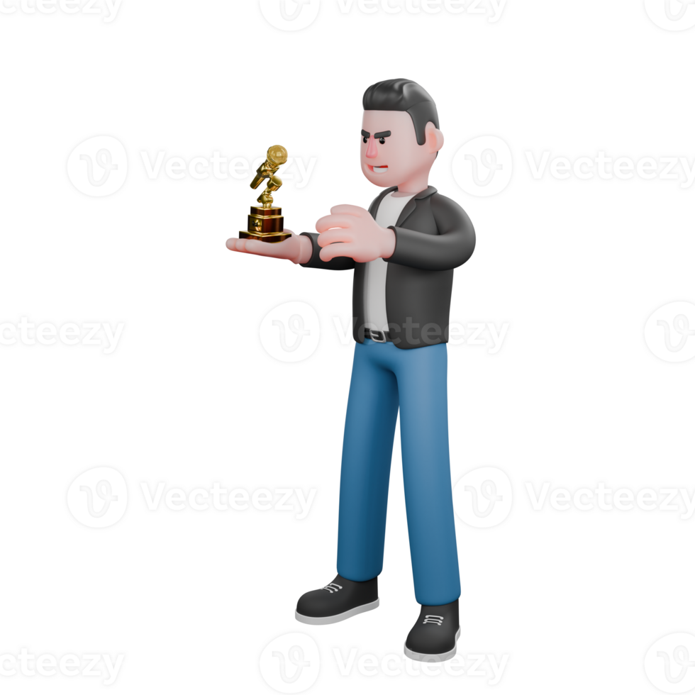 Illustrated 3D Musician. a male musician stands holding a trophy in his left hand and his right hand is raised next to the trophy with an angry expression. Vocal Performer png
