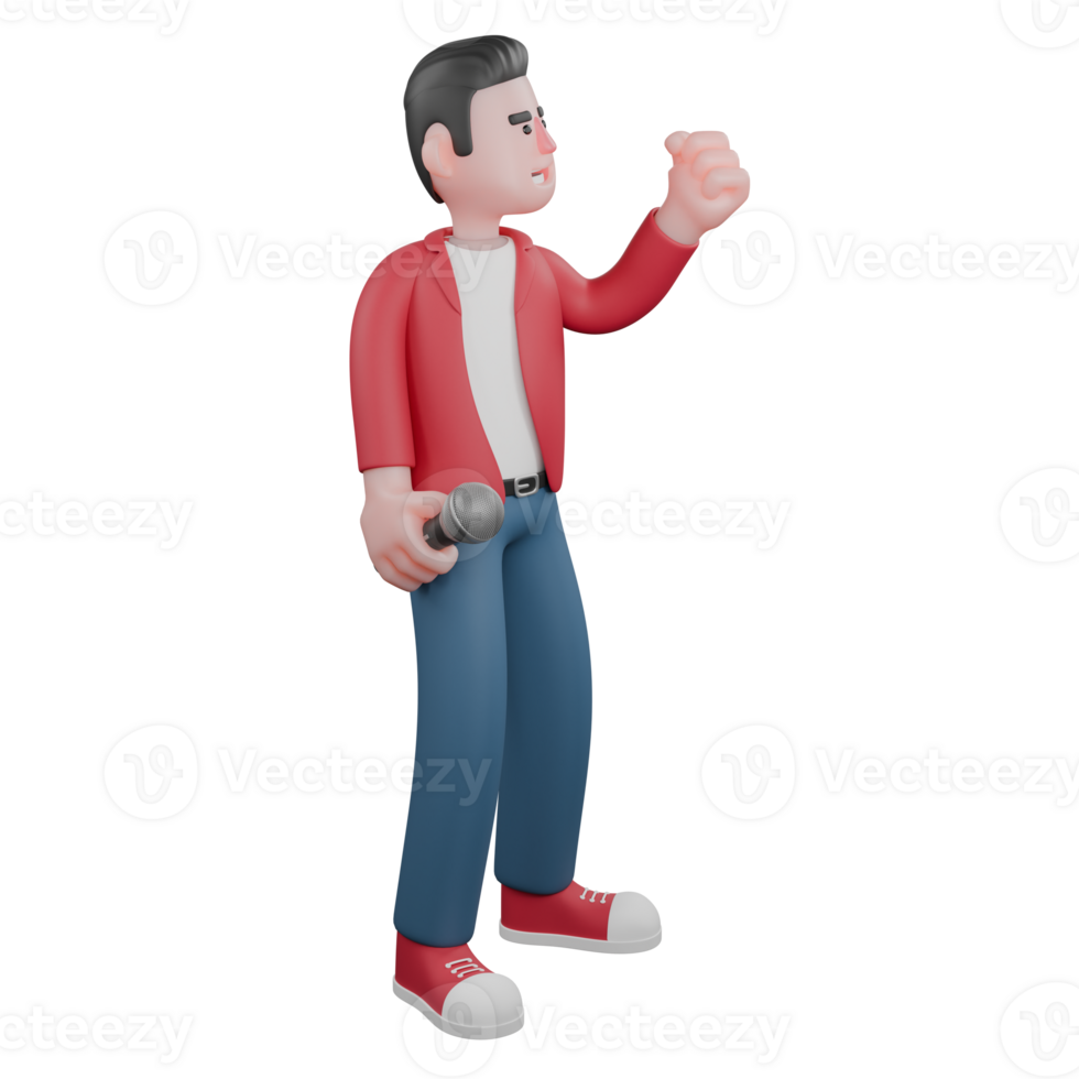 Cartoon Character of Singing Artist. A male singer is standing facing left with his left hand raised and clenched. Vocal Artist Design png