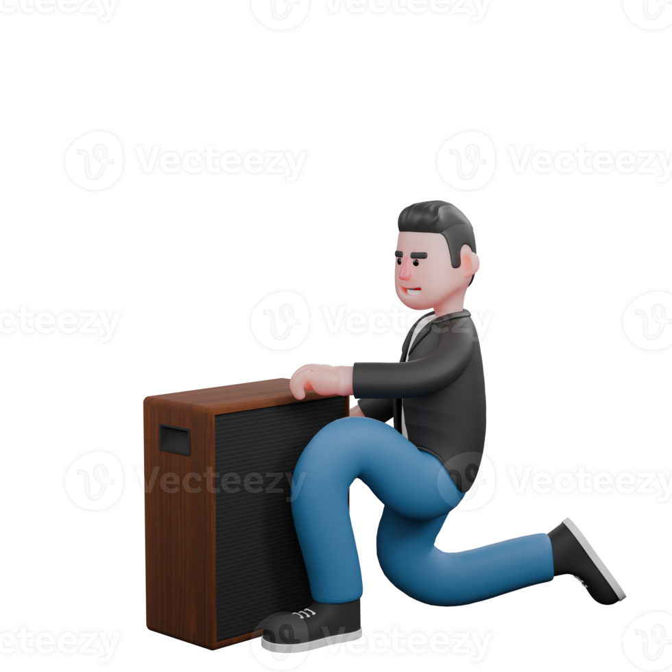 3D Music Artist Illustrated. A male musician is squatting holding a speaker with a happy expression. Animated Performer png