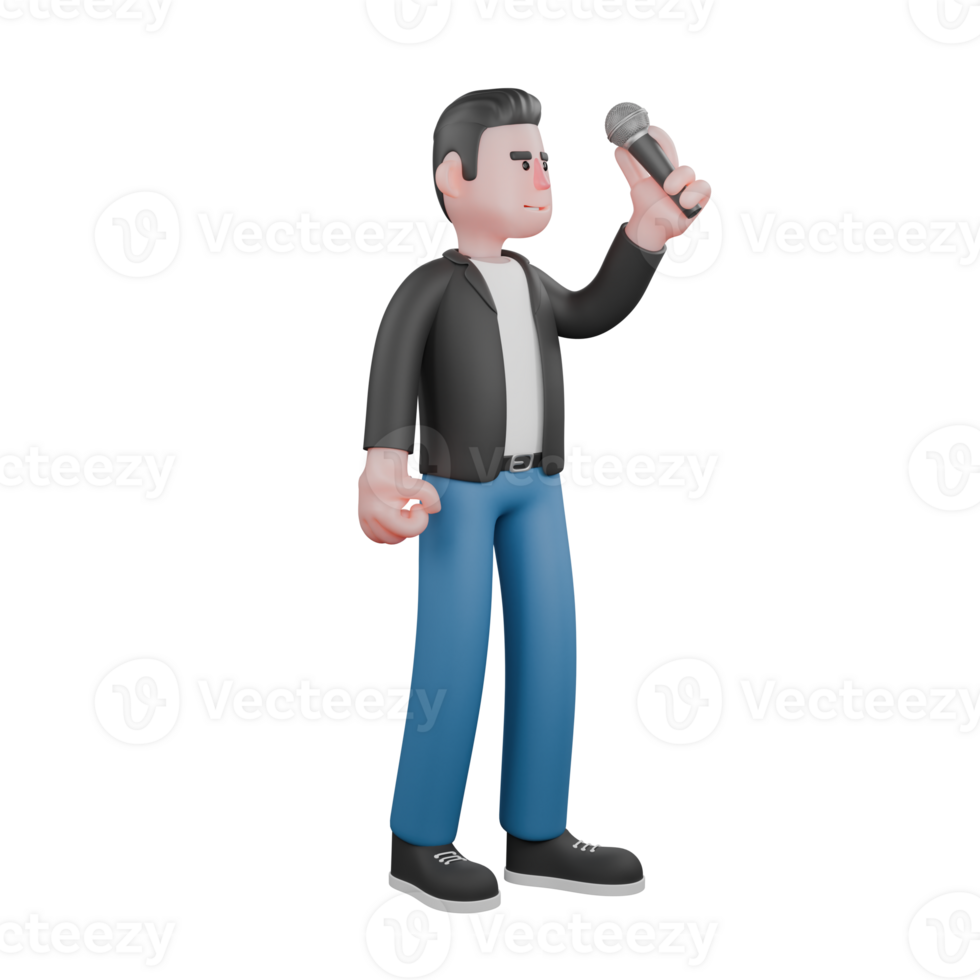 Cartoon Musician in 3D Design. A male musician stands holding a microphone in his left hand with a serious expression. Singing Performer png