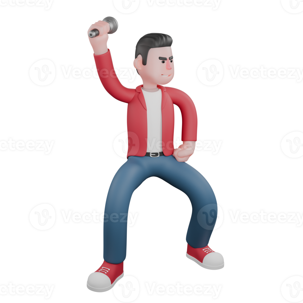 3D Singer Character. A male singer stands with his legs apart and slightly bent while his right hand is raised holding a microphone and his left hand is clenched on his waist. Music Artist png