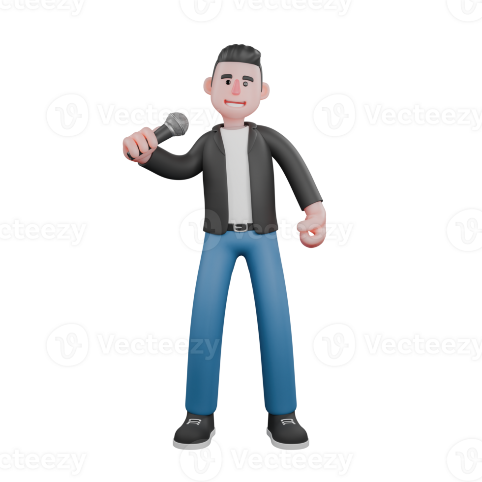3D Illustrated of Cartoon Music Star. a male musician stands holding a microphone in his left hand with a happy expression. Vocal Performer png