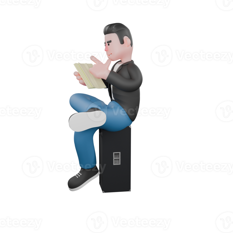 3D Character of Music Artist. A musician memorizes song lyrics while sitting on the sound. Cartoon Vocalist png