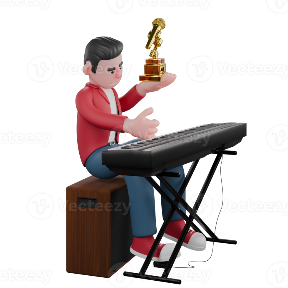 A male singer is sitting at a speaker in front of which there is an electric piano with his right hand raised carrying a trophy and his left hand pointing his thumb right above the electric piano. png