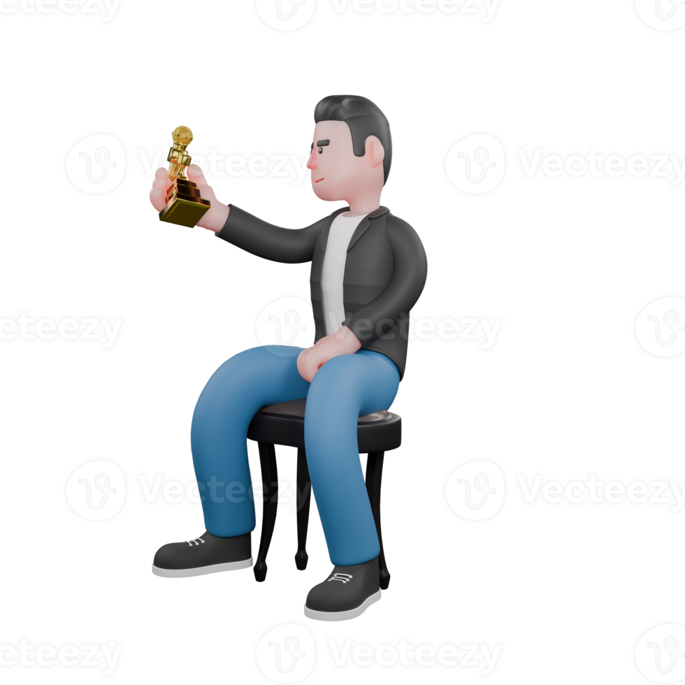 Cartoon Music Star in 3D. a male musician sits on a chair holding a trophy in his left hand. Singing Character png