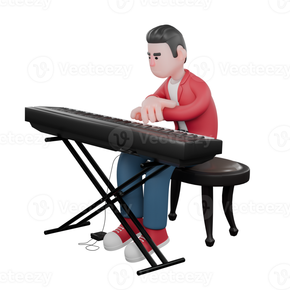 3D Vocal Artist Character. A male singer is sitting on a round chair while playing an electric piano in front of him. 3D Vocal Artist png