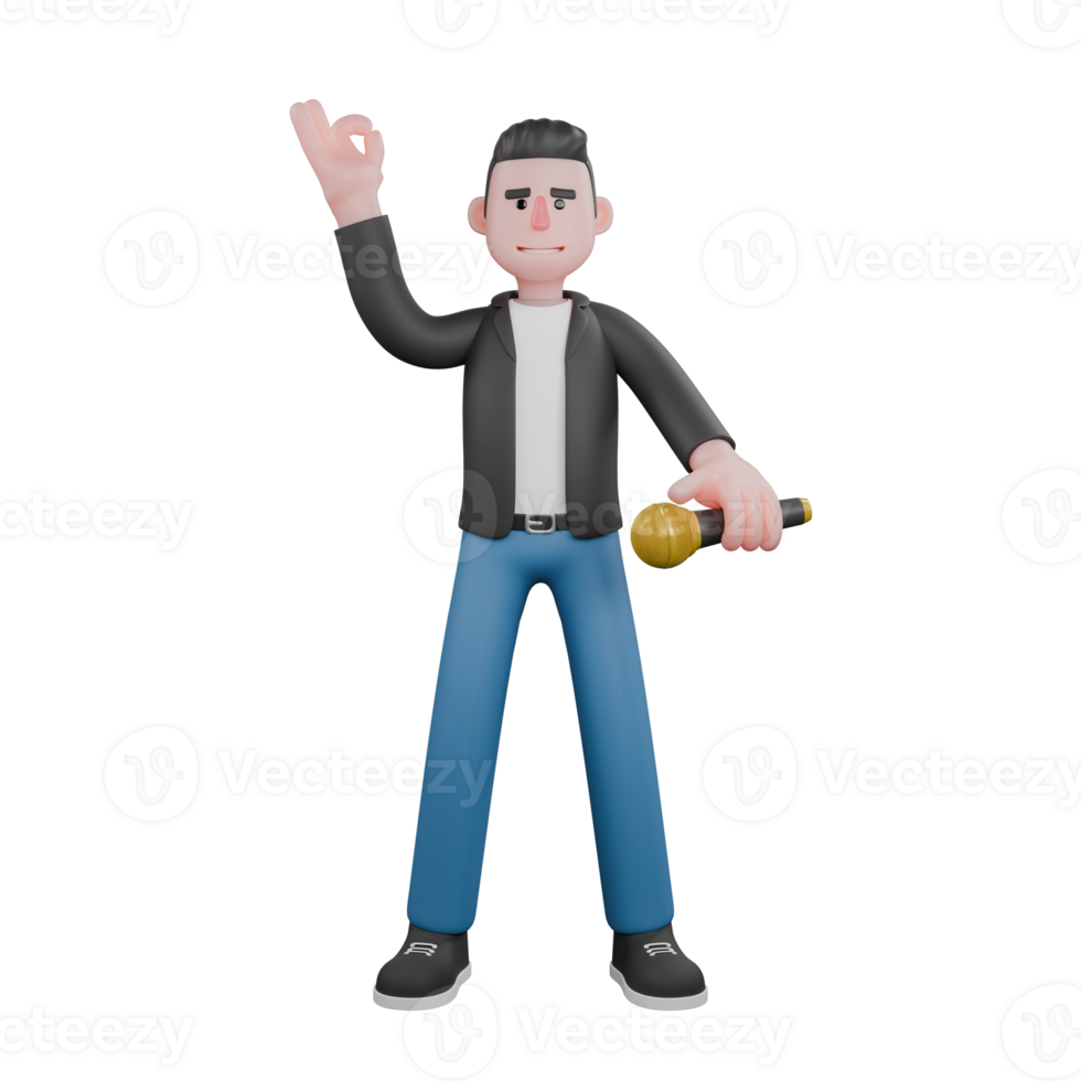 Music Character in 3D. a male musician stands holding a microphone in his right hand and his left hand is raised with a gesture of giving an okay sign. Vocal Talent Design png
