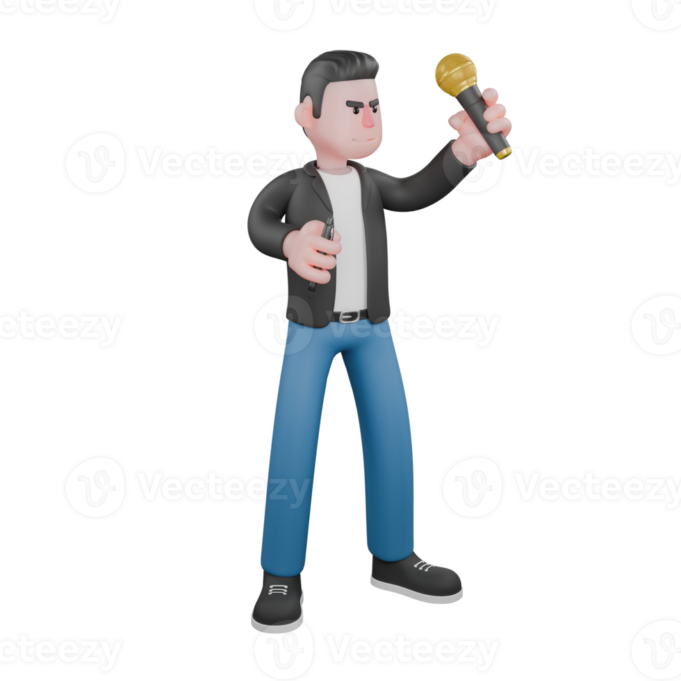 3D Model of Music Star. A male musician stands holding a microphone and a pen in his hand. Cartoon Character png