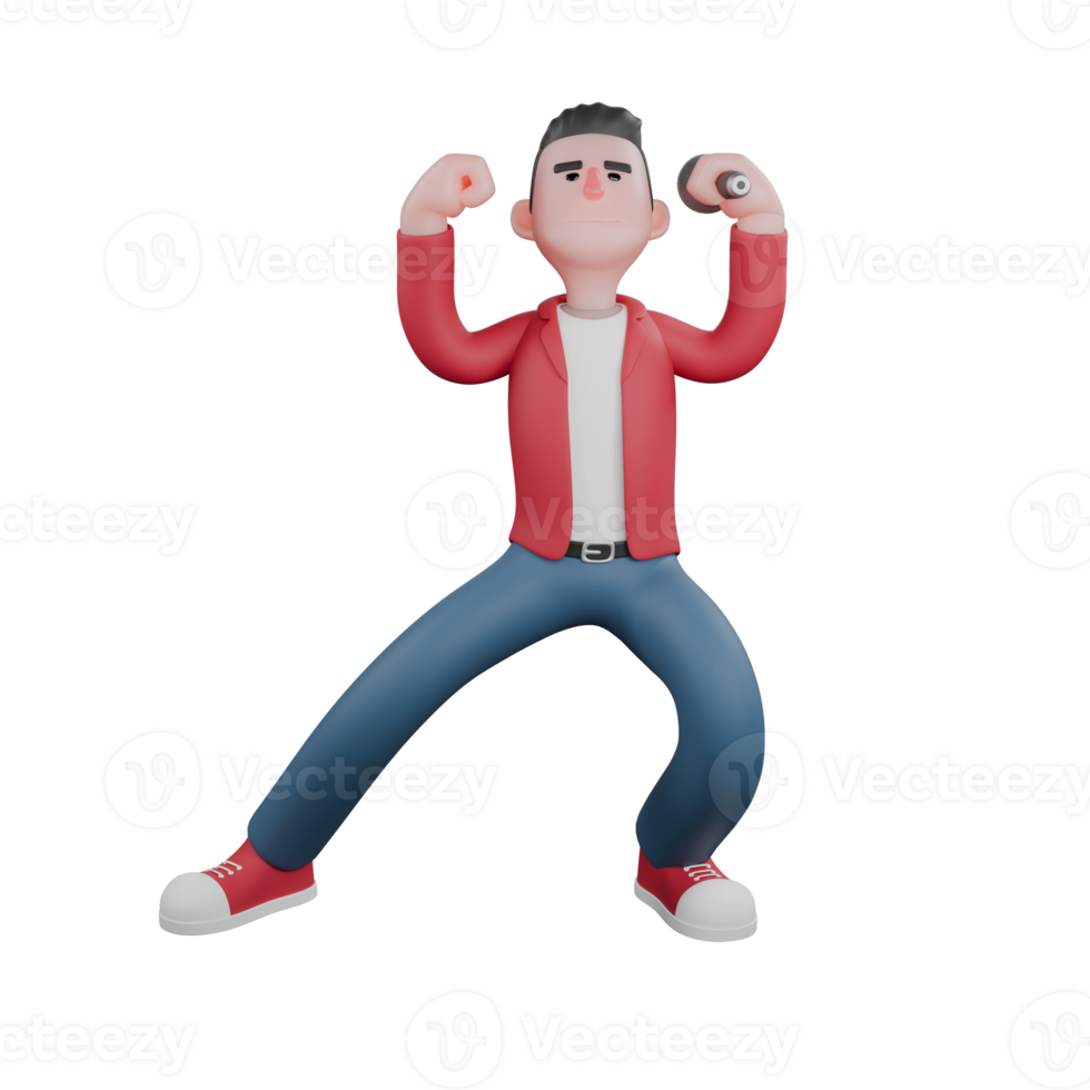 A male singer stands with his right leg straight out to the side and his left leg bent while both his hands are raised, the left hand holding a microphone and the right hand clenched. png