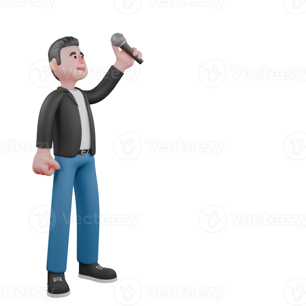 3D Cartoon Performer Design. A male musician stands holding a microphone in his left hand with an excited expression. Musician png
