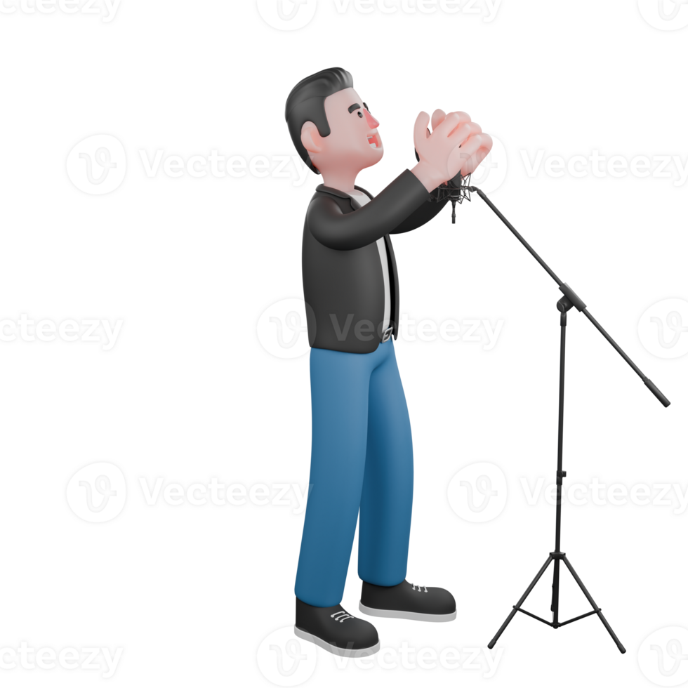 Cartoon Music Artist in 3D. A male musician is standing with both hands holding a microphone stand. Vocal Performer Model png