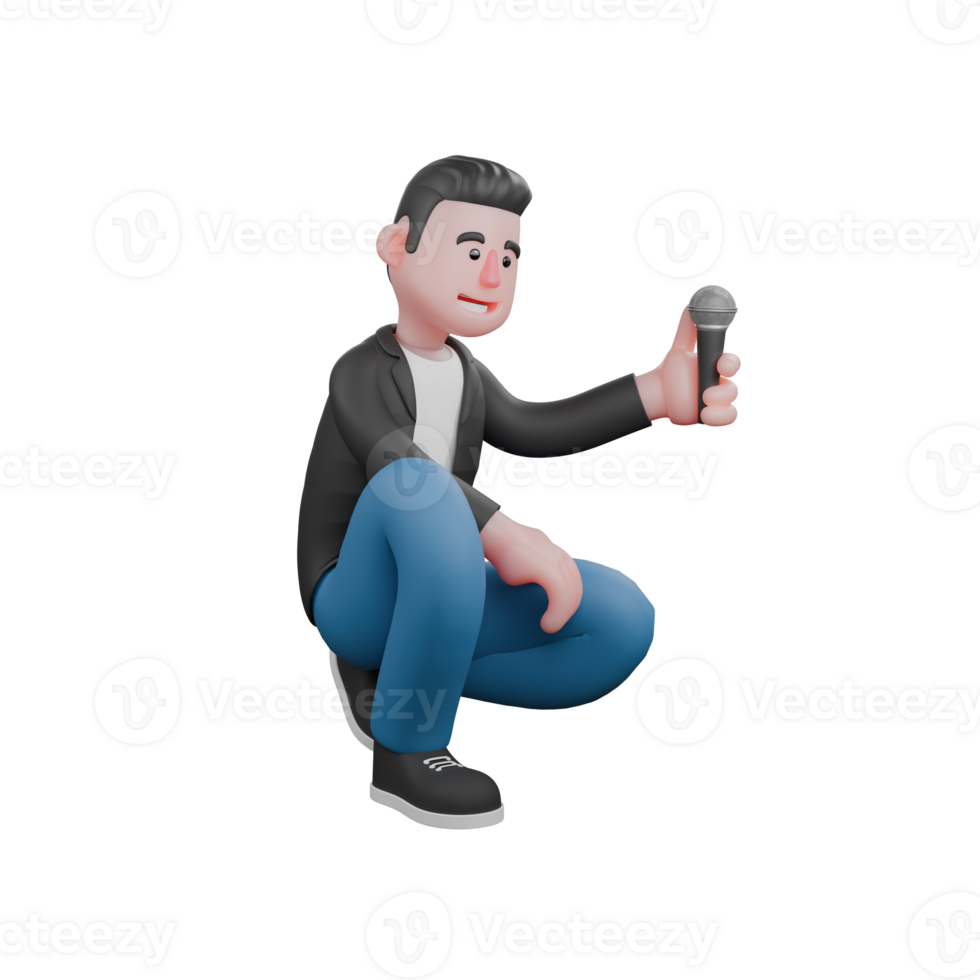 3D Music Artist in Cartoon Style. A male musician crouches holding a microphone in his left hand. Vocal Talent png