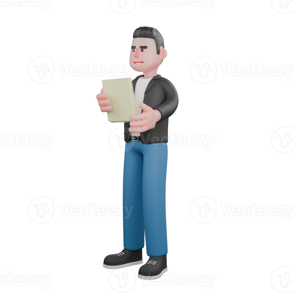 Illustrated Musician Character in 3D. A male musician stands holding a sheet of paper in his hand with a happy expression. Cartoon Design png
