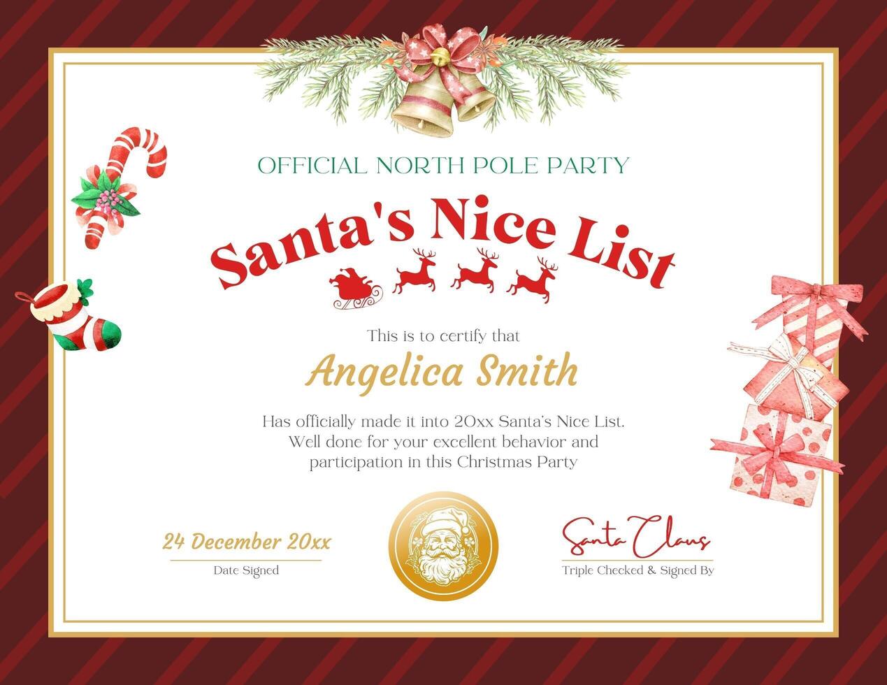 Santa Nice List Certificate for Children Christmas Party template