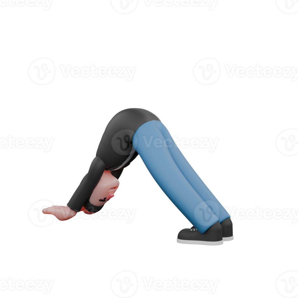 Animated 3D Music Character. A male musician does the Downward Dog pose, one of the most popular yoga poses for stretching the back and leg muscles. Vocal Performer png