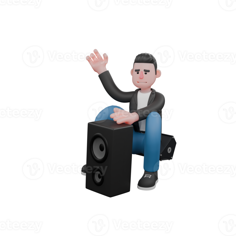 3D Character of Music Star. A male musician sits on a small speaker with his left hand raised in a waving gesture and his right hand on a large speaker in front of him. Singing Talent png