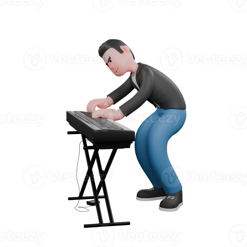 Illustrated 3D Musician Character. A man with a slightly bent body playing the piano. Music Star png