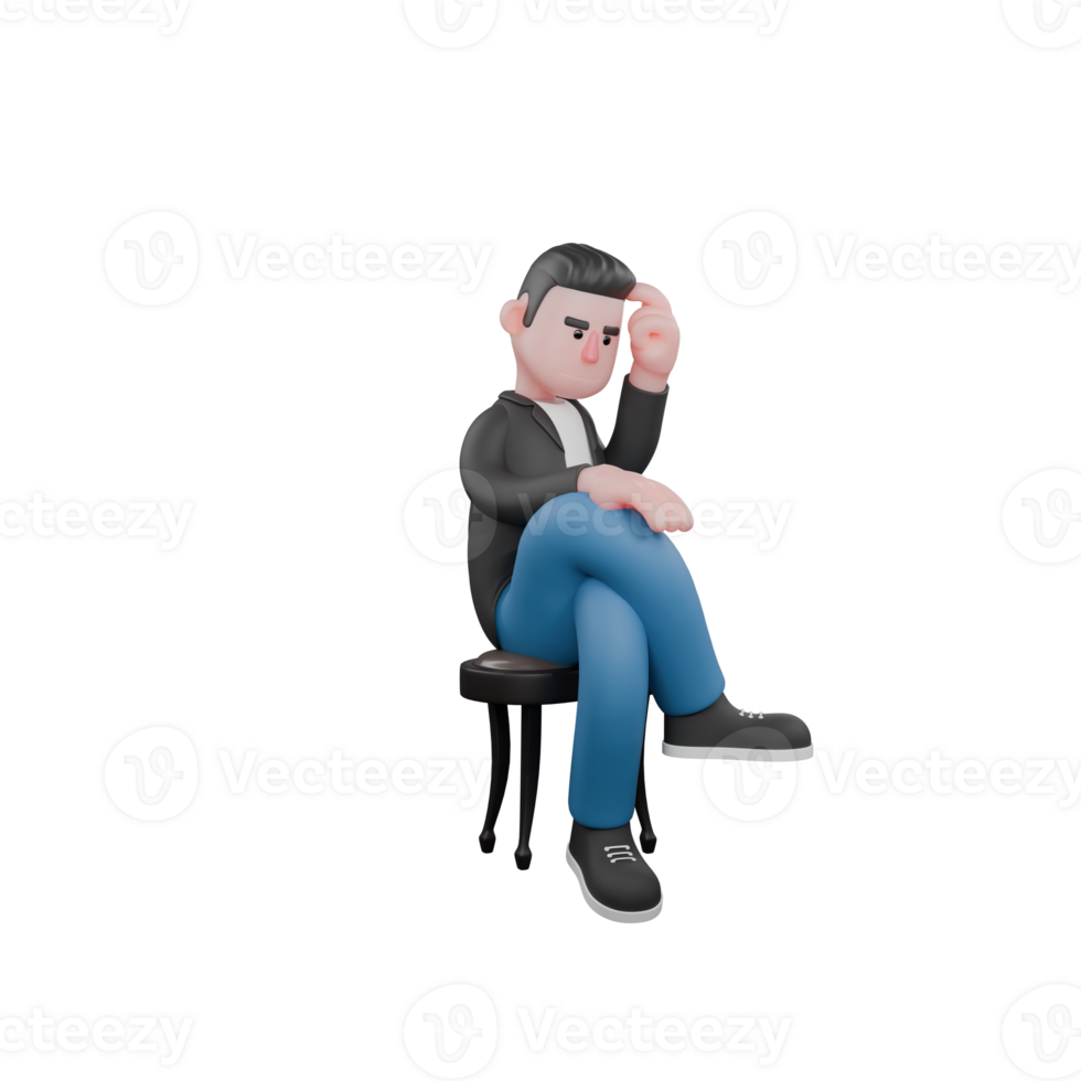 3D Musician Character Model. A man who is thinking while sitting. Animated Musician. png