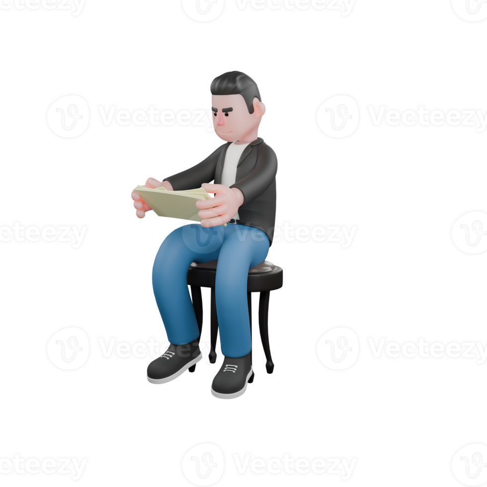 Animated Musician 3D Model. A man reads the results of his song creation. Vocal Artist. png
