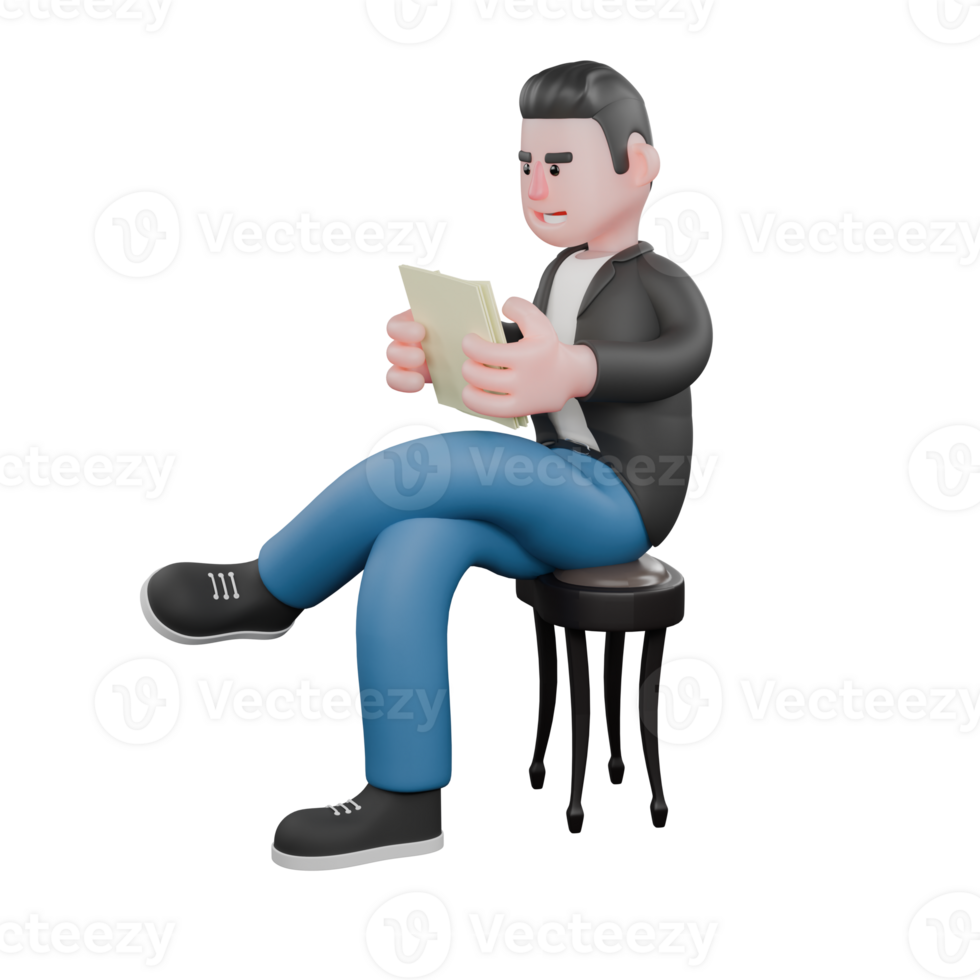 Illustrated Cartoon Musician. A man is reading the song he wants to sing. 3D Music Star. png