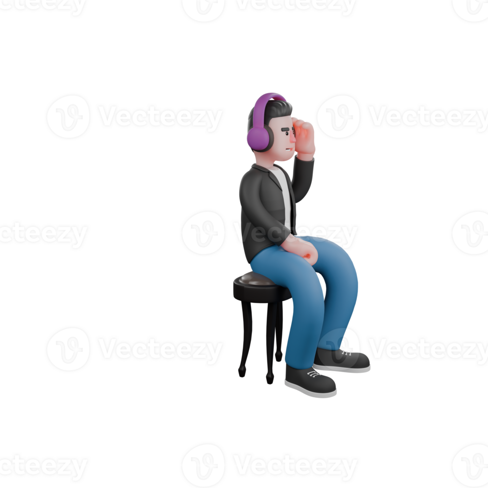 3D Illustrated of Musician. Listening to music using a headset while sitting on a chair. Musical Performer. png
