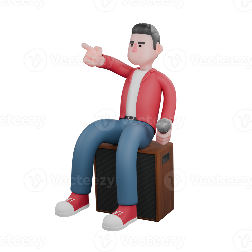 Singing Star 3D Model. A male singer is sitting on a speaker facing the right side with his right hand pointing forward. Vocalist Design png