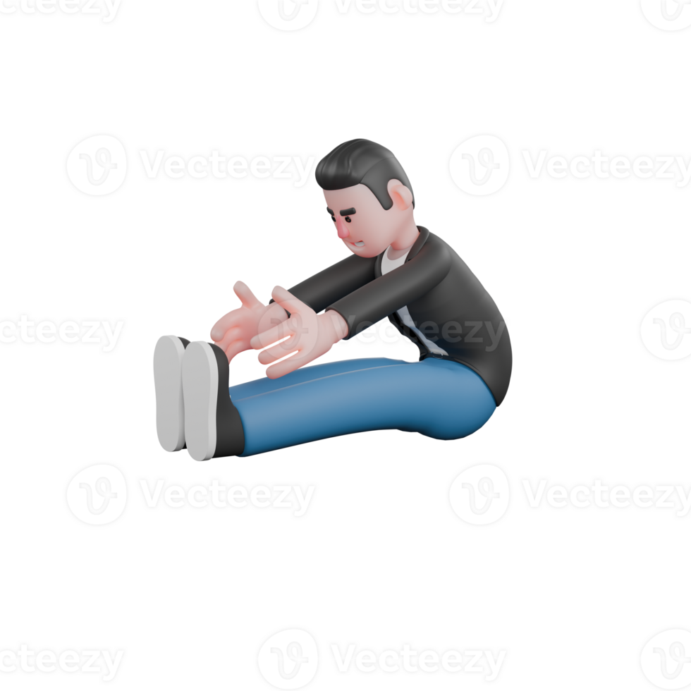3D Musician Character Model. a male musician is doing a sitting stretch with a foot touch. Cartoon Performer png