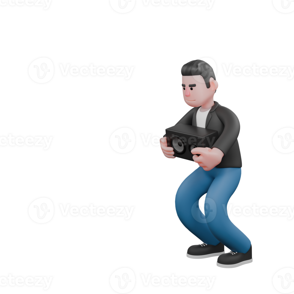 Singing Character in 3D. A male musician stands holding a small speaker in his hand. Musician Design png