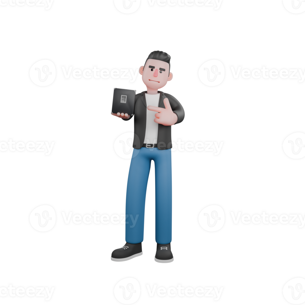 3D Model of Cartoon Musician. A male musician stands with his hands holding a black box. Performance Character png