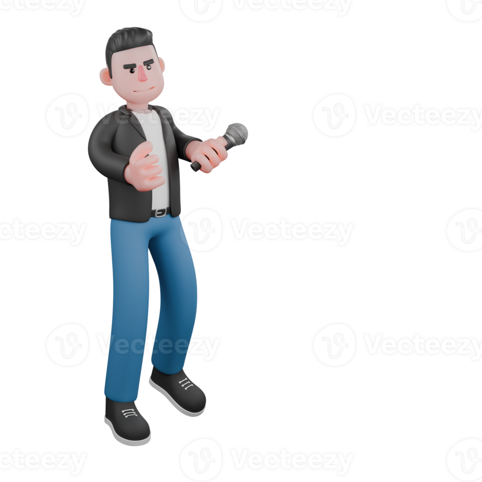 3D Musician Character Design. a male musician stands holding a microphone in his left hand. Animated Performer png