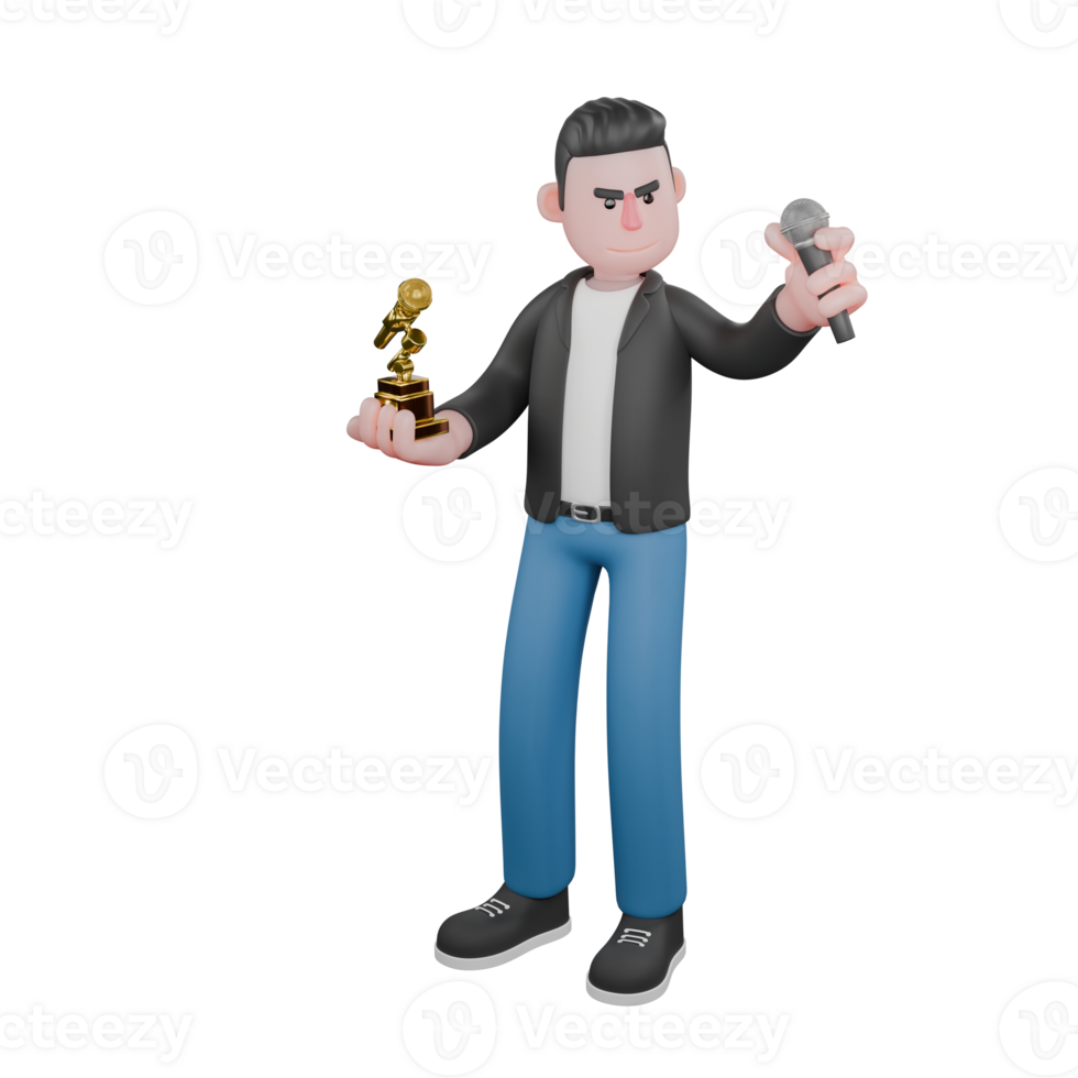 Singing Musician in 3D. A male musician is standing with both hands holding a trophy and a microphone with a smiling expression. Cartoon Model png