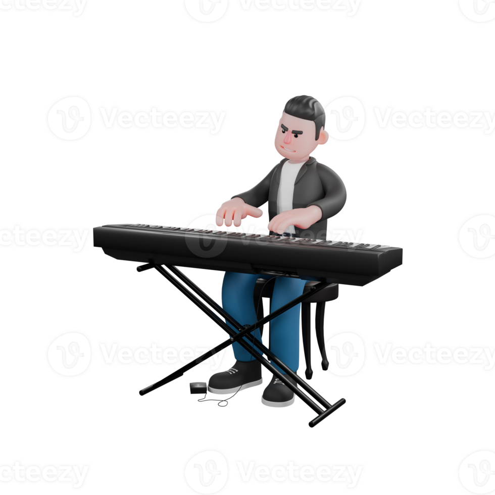 3D Cartoon Musician Character. Man playing piano with happy expression. Vocal Performer Model. png