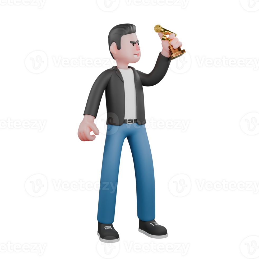 3D Music Character Design. A male musician stands holding a trophy in his left hand with an angry expression. Cartoon Artist png