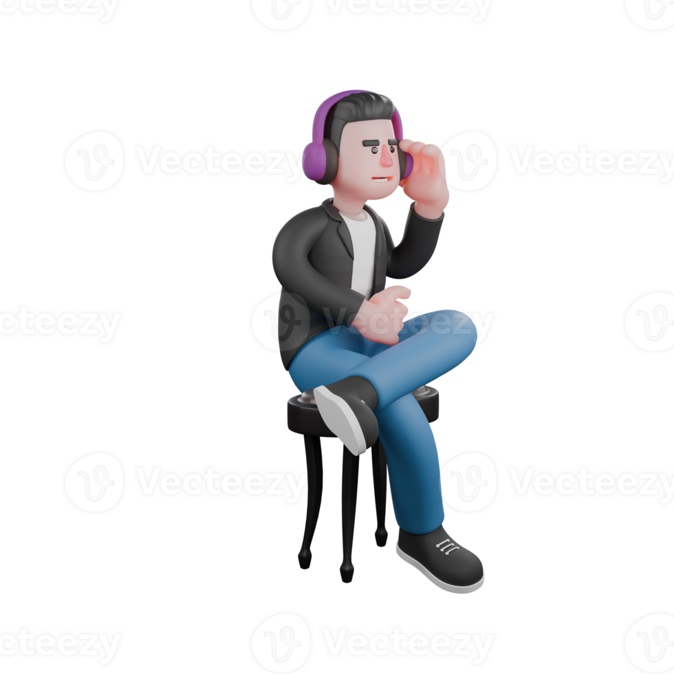 3D Animated Music Artist. Focus on listening to music while sitting with a headset. Cartoon Performer. png