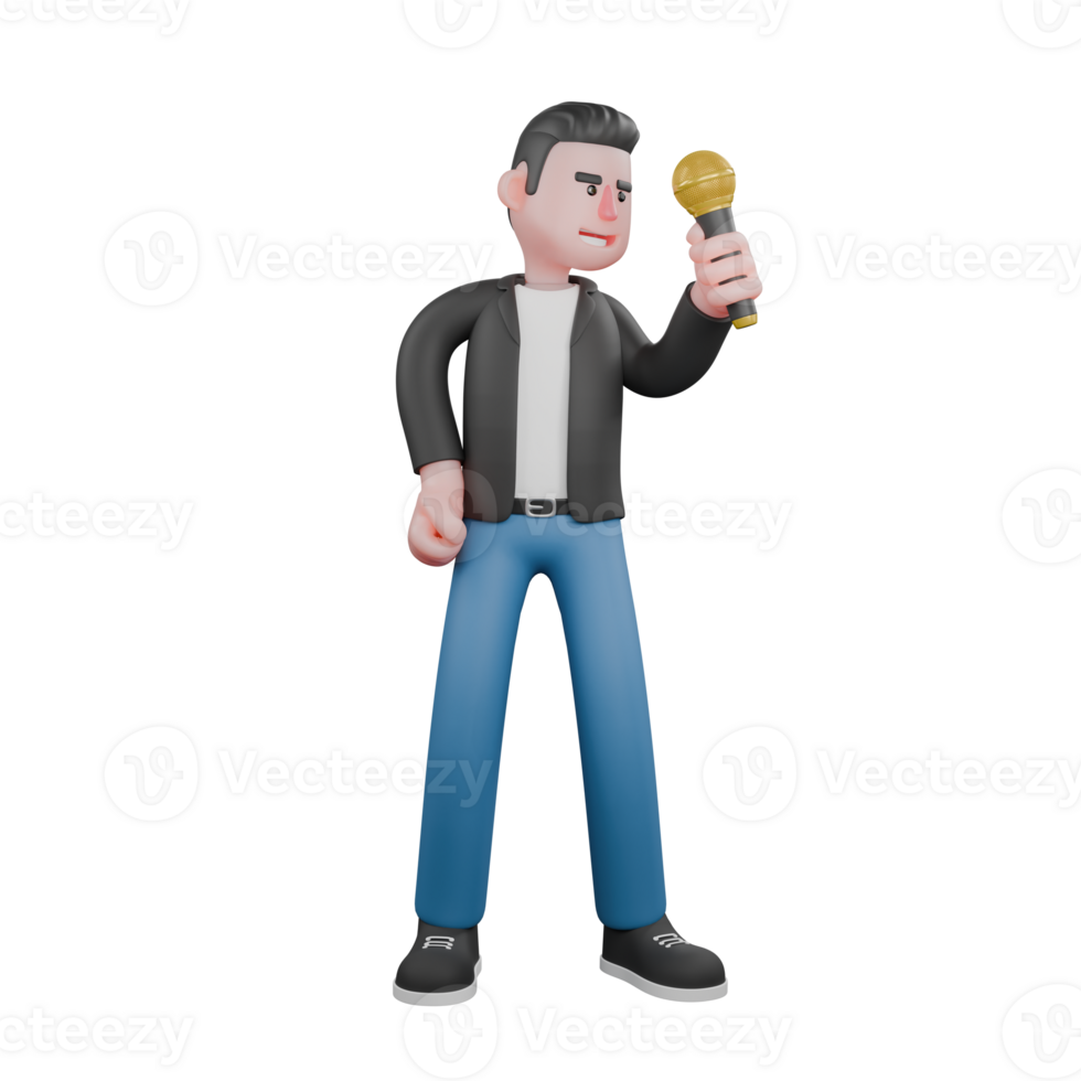 3D Cartoon Music Character. A male musician is standing holding a microphone, and his right hand is on his waist, as if he is singing. Vocal Talent png