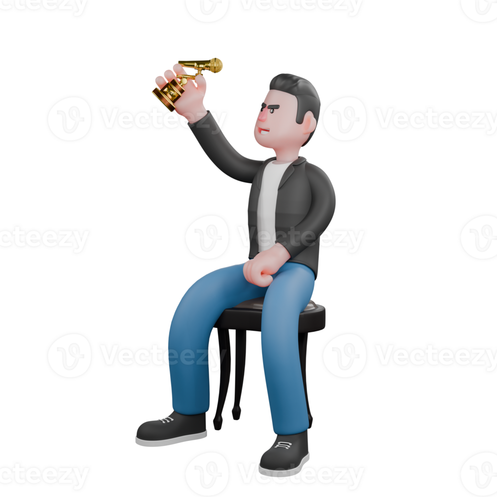 3D Model of Cartoon Music Artist. A man is sitting on a chair holding a trophy, with a happy expression. Performance Character png