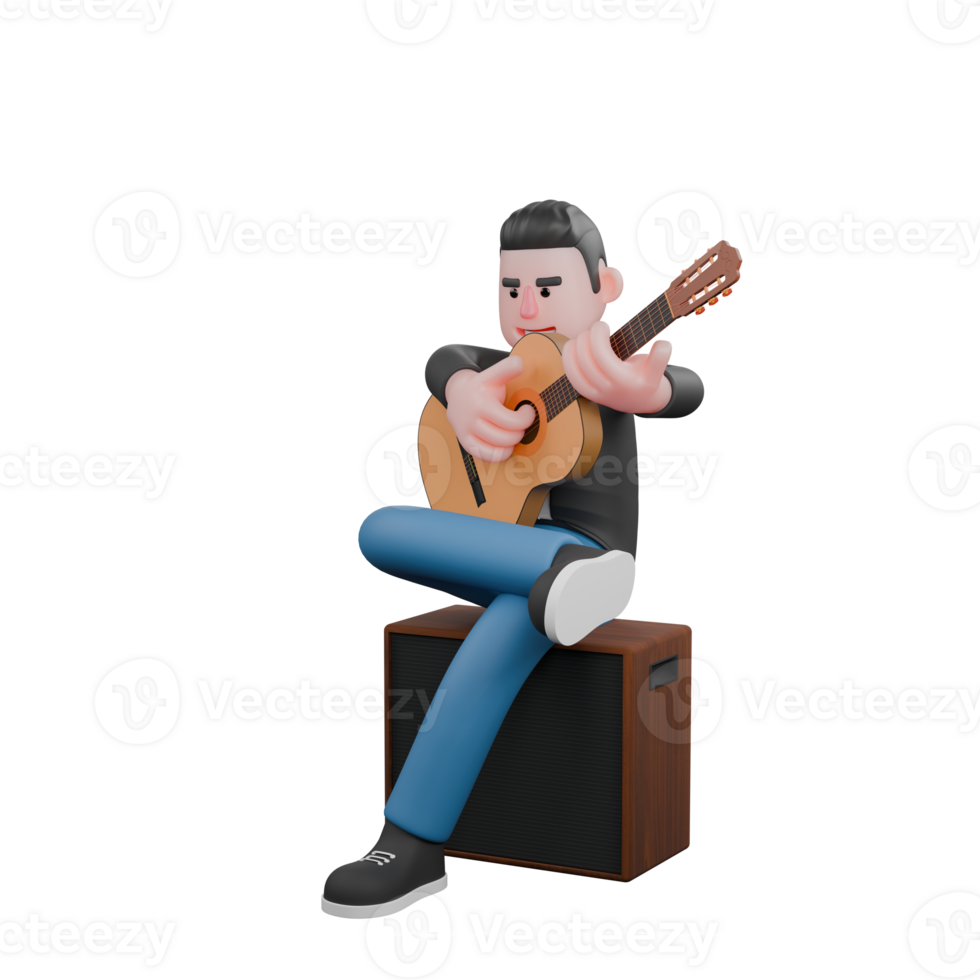 3D Character of Singing Musician. A man is sitting at a speaker holding a guitar, with an expression of playing the guitar. Vocal Artist png