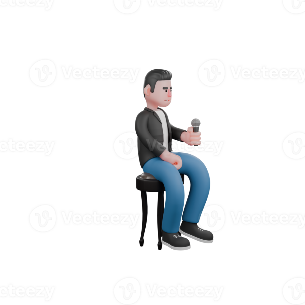 Cartoon Musician in 3D. A man who wants to sing in a sitting position. Music Star Illustrated. png
