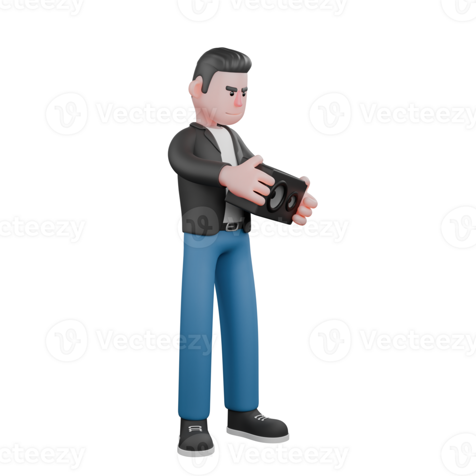 3D Character of Cartoon Music Artist. A male musician stands holding a speaker in his hand with a serious expression. Vocal Performer png