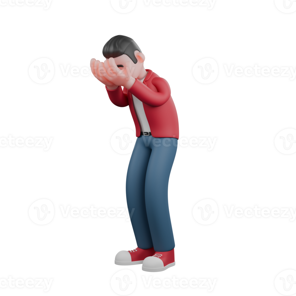 Illustrated Male Singer in 3D. A male singer is standing slightly bent over while washing his face with both palms. Music Performer png