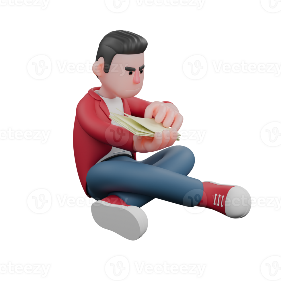 Singing Personality 3D. A male singer is sitting on the floor with his left leg bent and his right leg perpendicular to it while reading a lyric book. Music Performer png