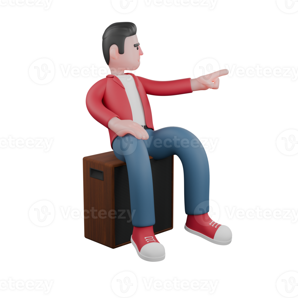 3D Vocal Artist Character. A male singer is sitting on a speaker while pointing forward. 3D Music Icon png