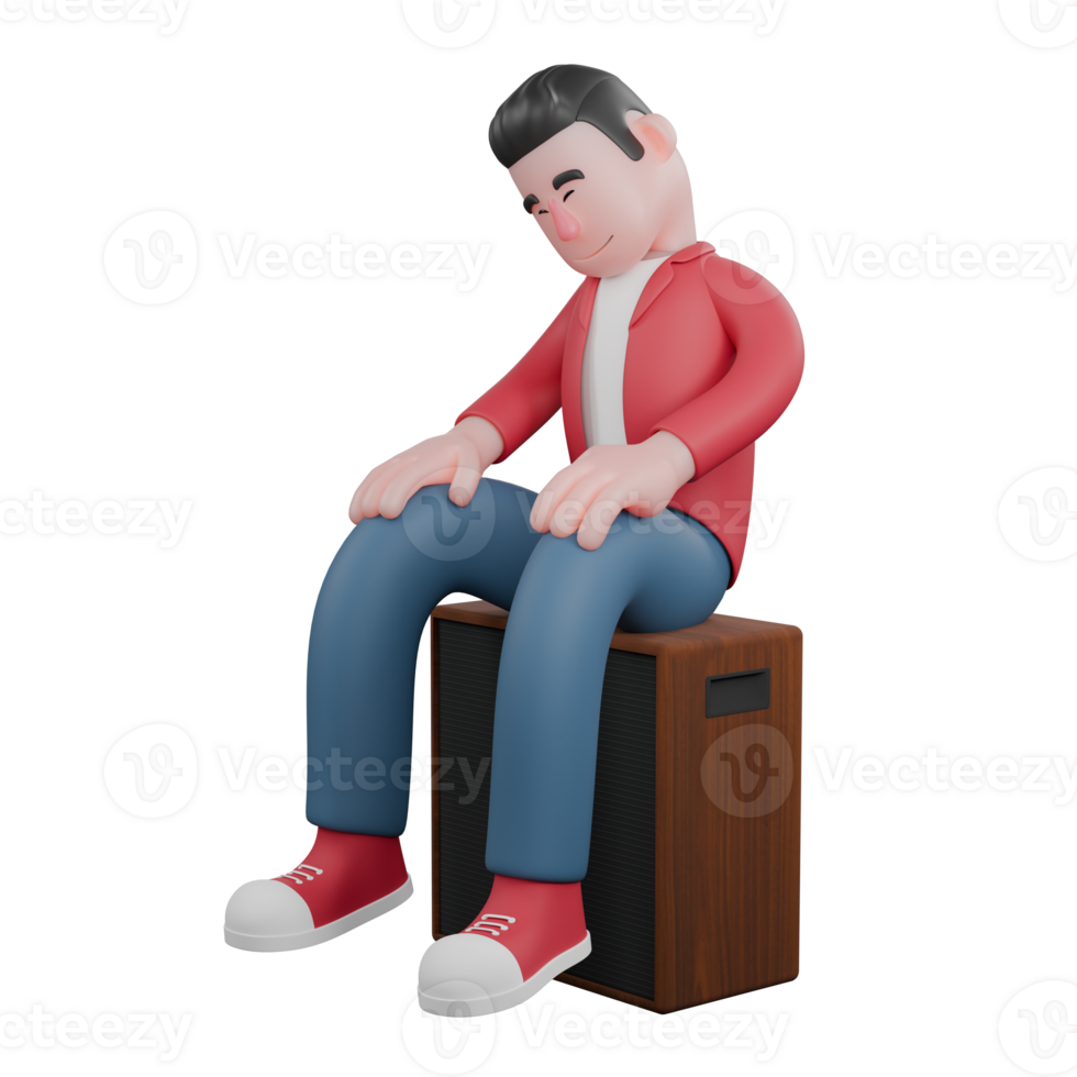 Singing Personality 3D. A male singer is sitting asleep on a soccer ball with his hands on his knees. Singing Personality png