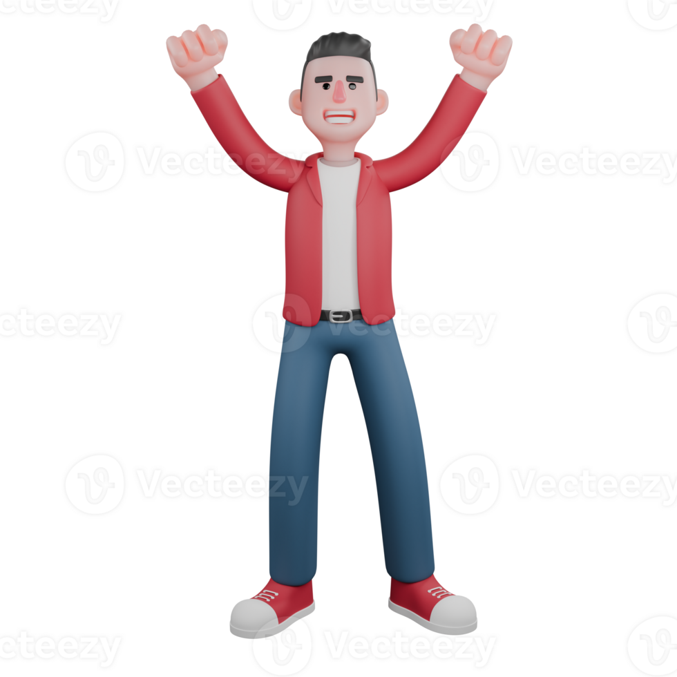 Singing Personality 3D. A male singer is standing with both of his hands raised up and clenched into fists. Singing Personality png