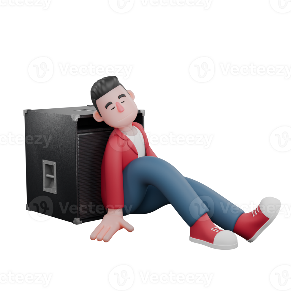Singing Star 3D Model. A male singer is sitting asleep on the floor leaning on the speaker. Entertainment Star png