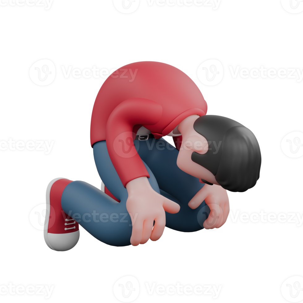 Male Cartoon Musician Model. A male singer is sitting on his knees on the floor with his head down in a desperate expression. 3D Vocal Artist png