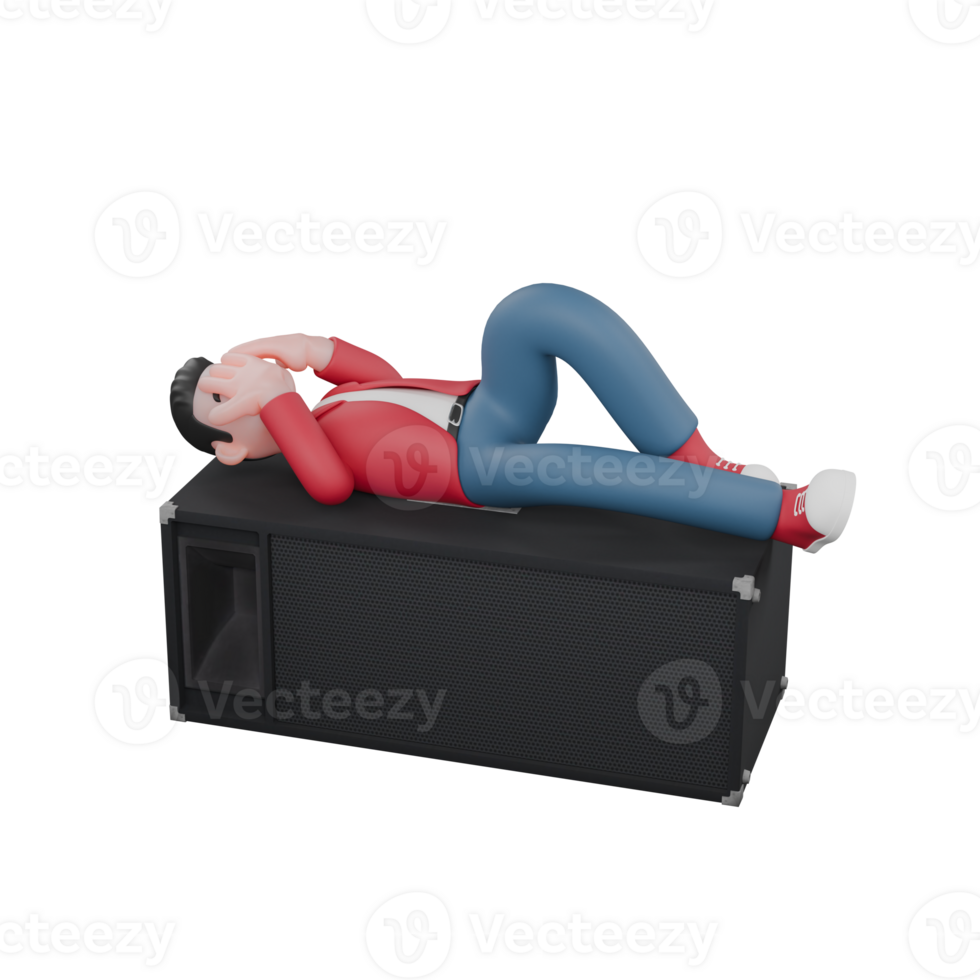 Animated Cartoon Singing Character. A male singer is lying on the speaker with his right leg bent and his left leg straight forward while covering his eyes with both hands. Vocalist Design png