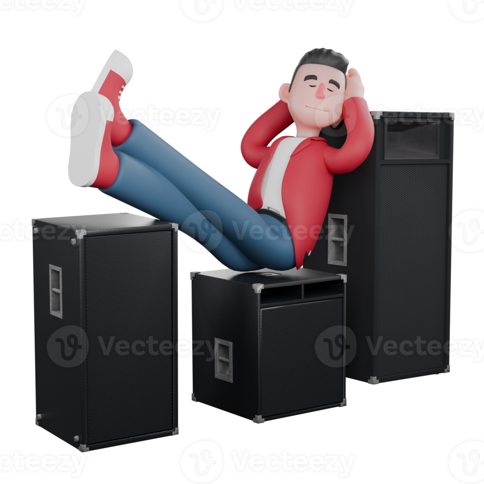 3D Vocal Artist Character. A male singer is sitting asleep propped up on several rows of speakers. 3D Vocal Artist png